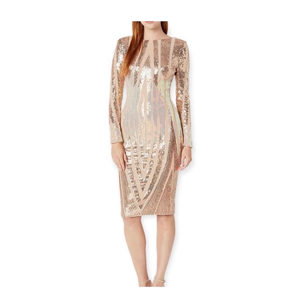 Dress the Population Emery Long Sleeve Round Neck Low Back Midi Dress Small EUC.